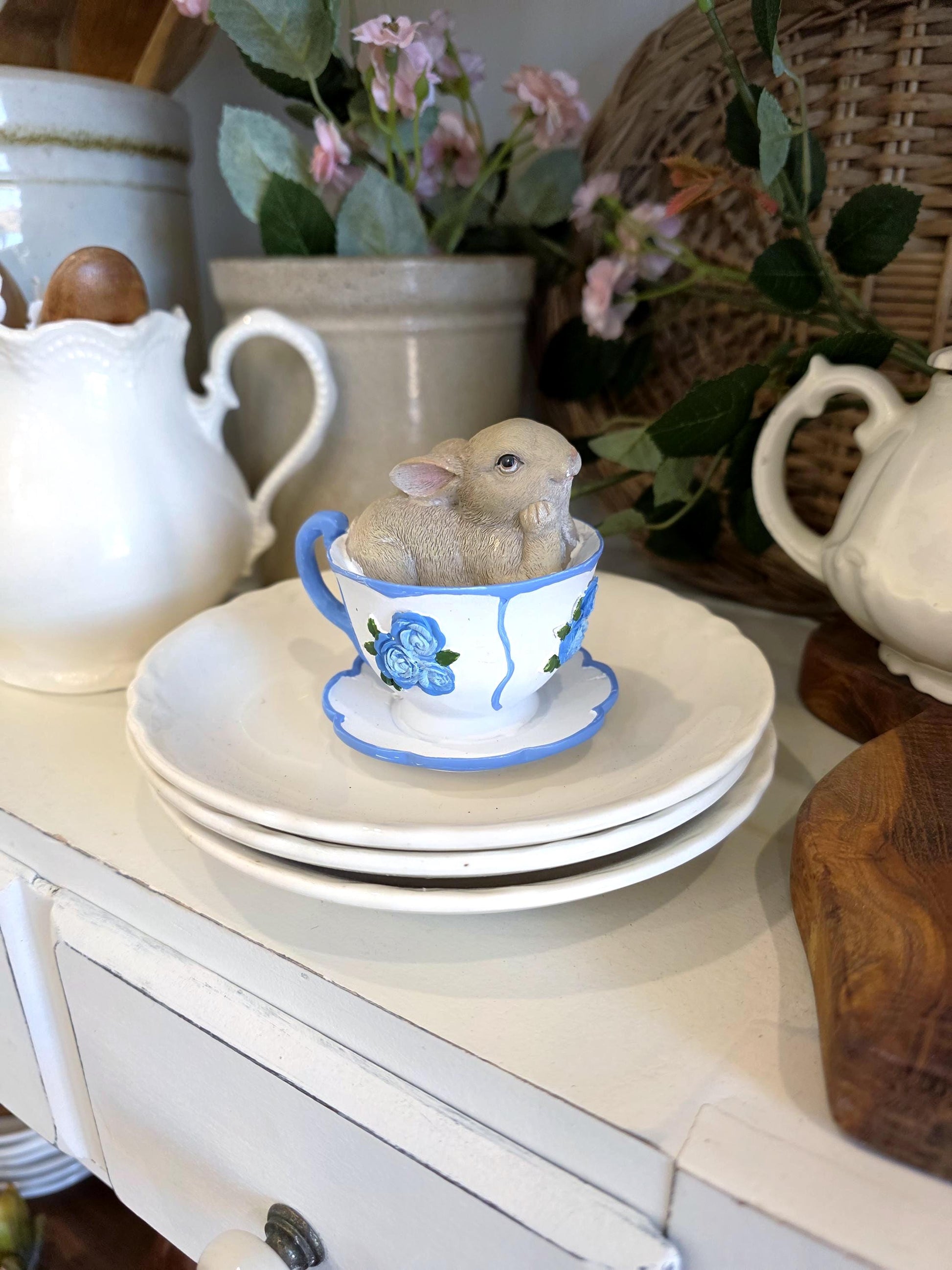 adorable Bunny in blue and white Teacups rabbit figurine I spring home decor