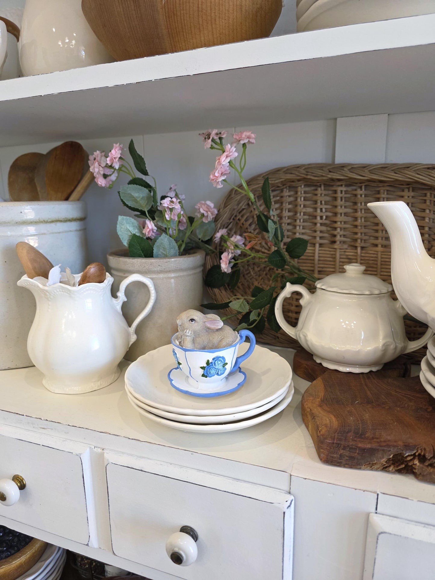 adorable Bunny in blue and white Teacups rabbit figurine I spring home decor