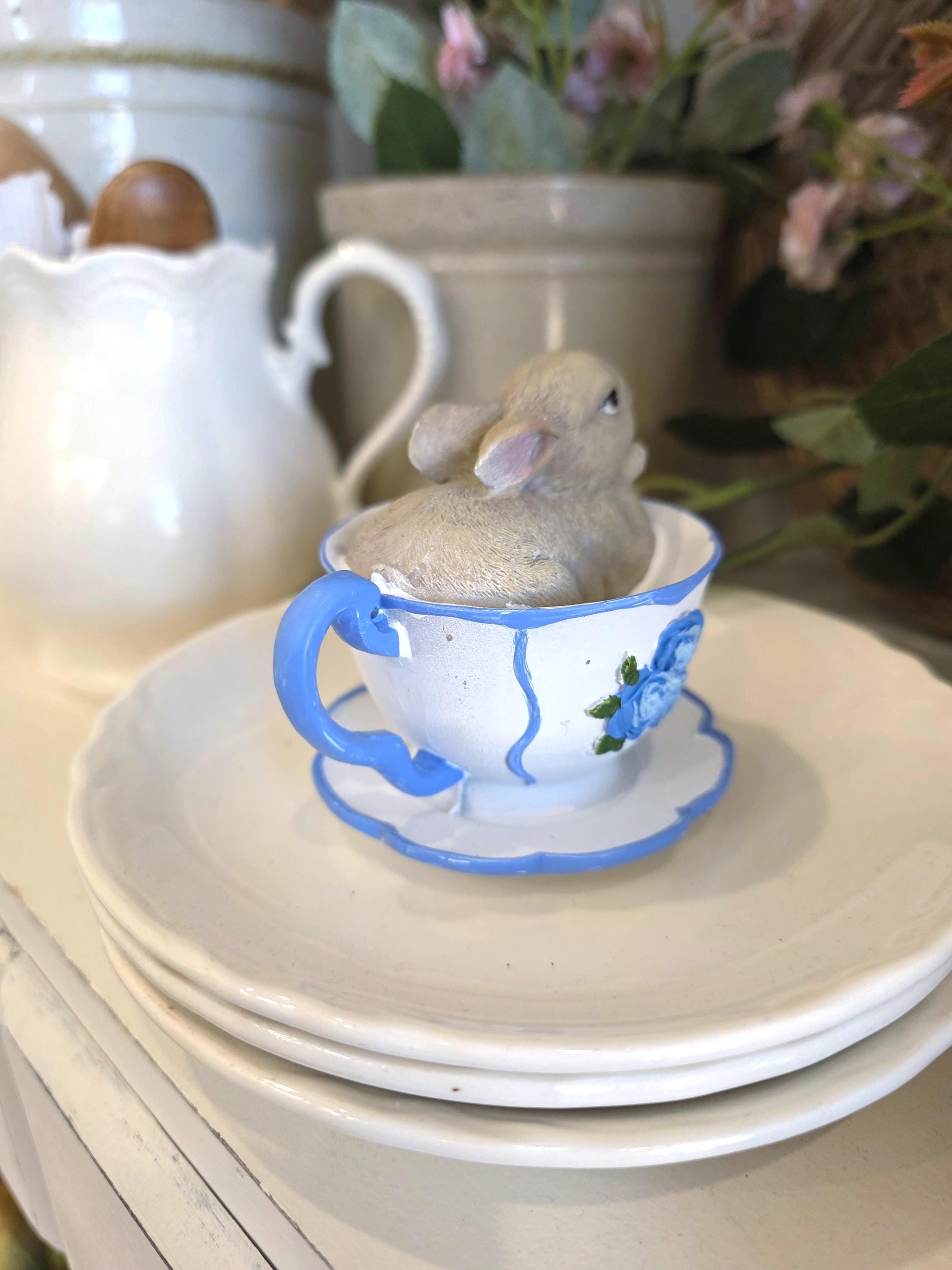 adorable Bunny in blue and white Teacups rabbit figurine I spring home decor
