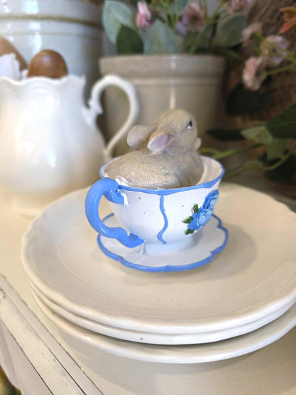adorable Bunny in blue and white Teacups rabbit figurine I spring home decor