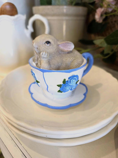 adorable Bunny in blue and white Teacups rabbit figurine I spring home decor