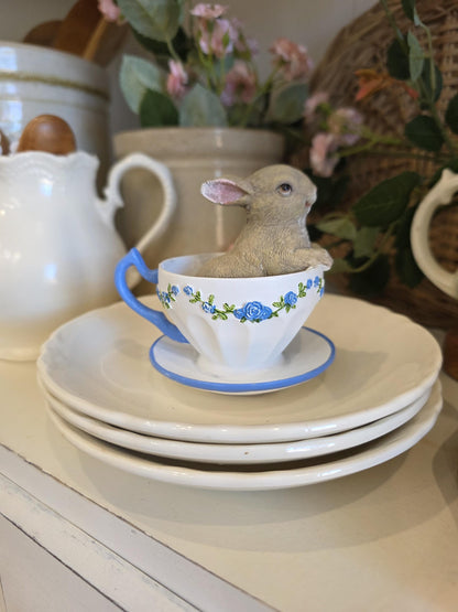 adorable Bunny in blue and white Teacups rabbit figurine I spring home decor