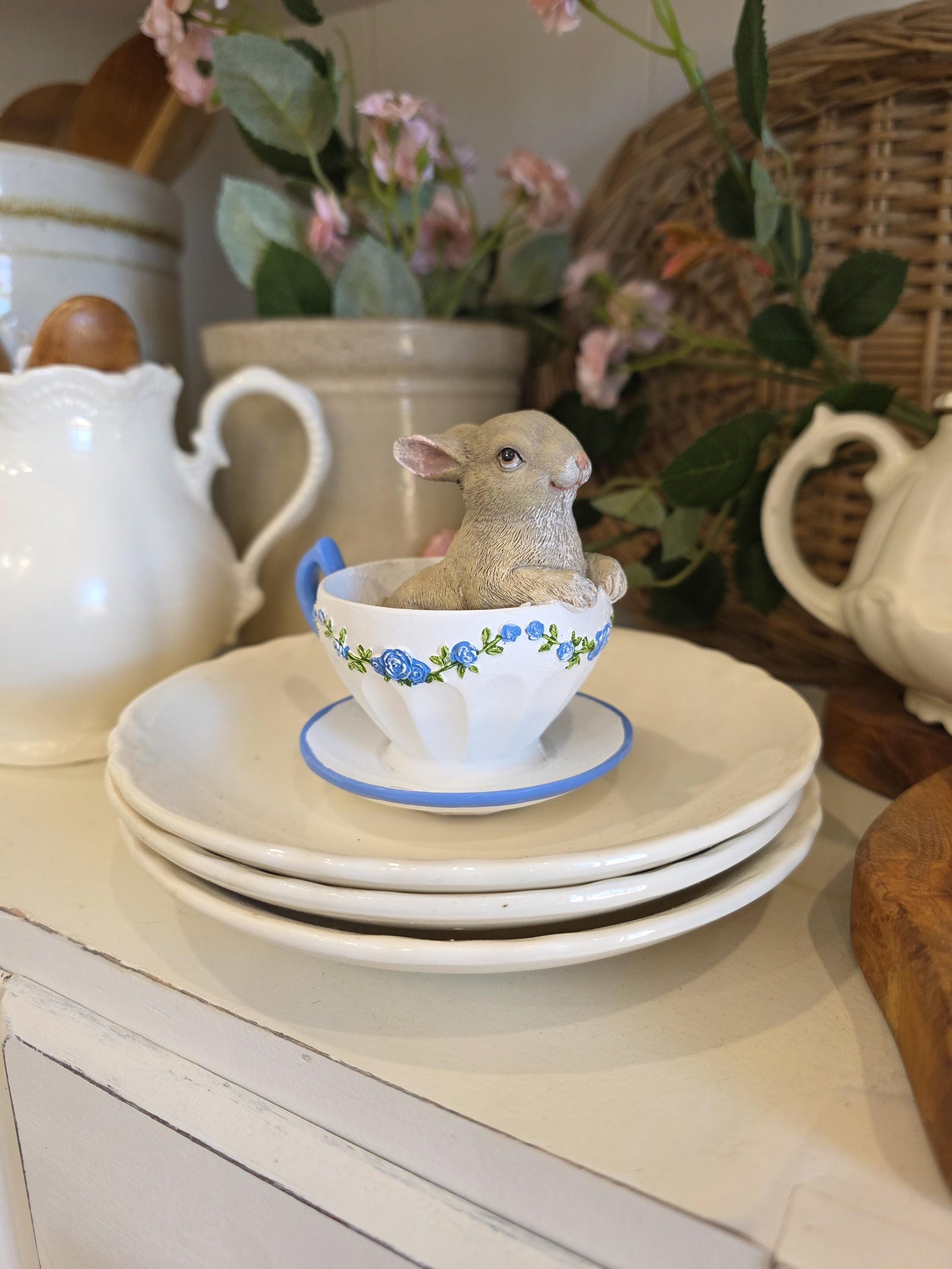 adorable Bunny in blue and white Teacups rabbit figurine I spring home decor