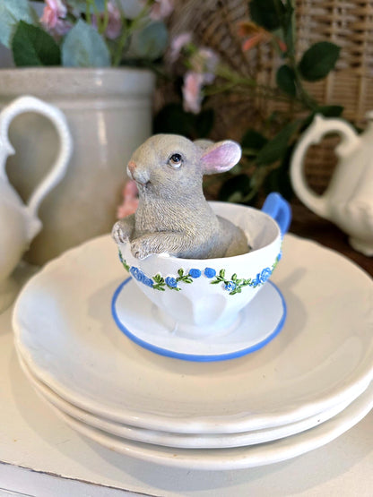 adorable Bunny in blue and white Teacups rabbit figurine I spring home decor