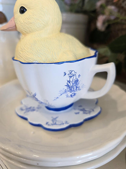 Yellow Baby Duck in blue and white teacup I spring home decor figurine