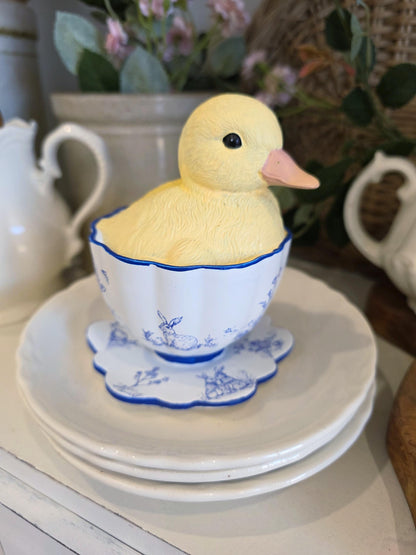 Yellow Baby Duck in blue and white teacup I spring home decor figurine