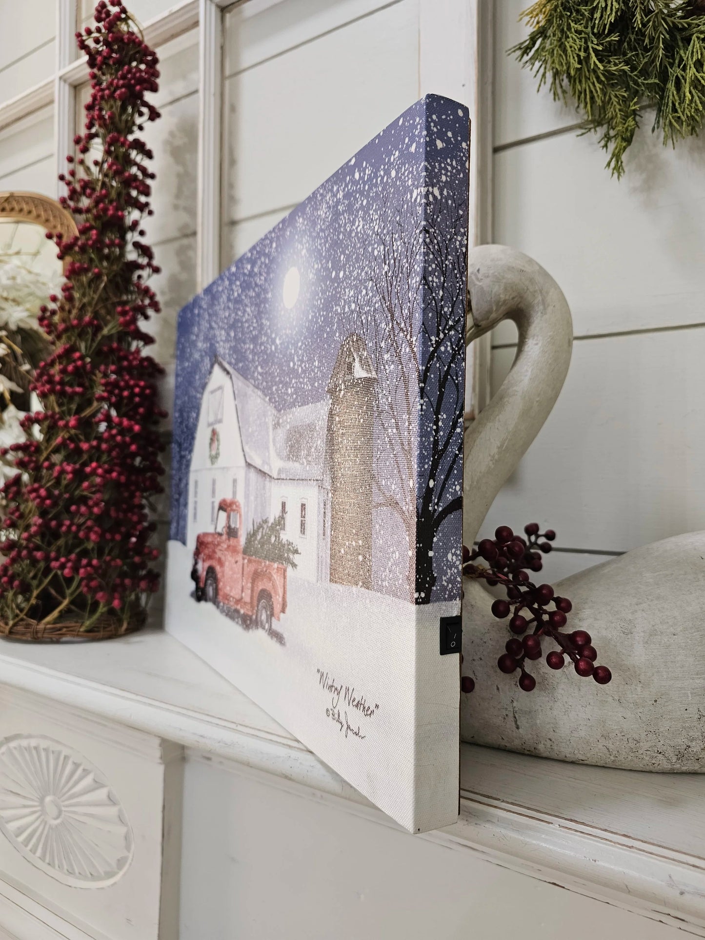 12 x 16 LED Canvas - wintry weather by Billy Jacobs - farmhouse red truck