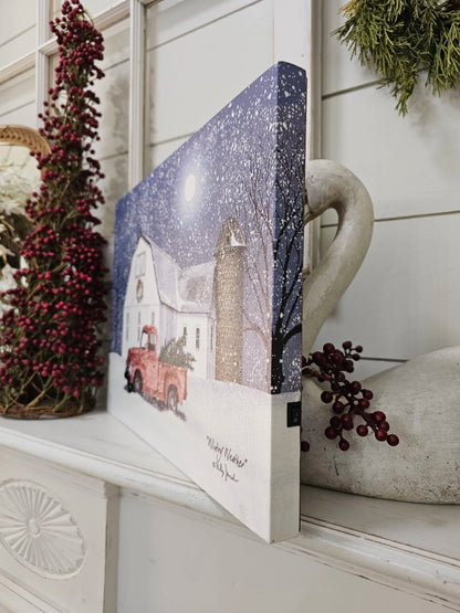 12 x 16 LED Canvas - wintry weather by Billy Jacobs - farmhouse red truck