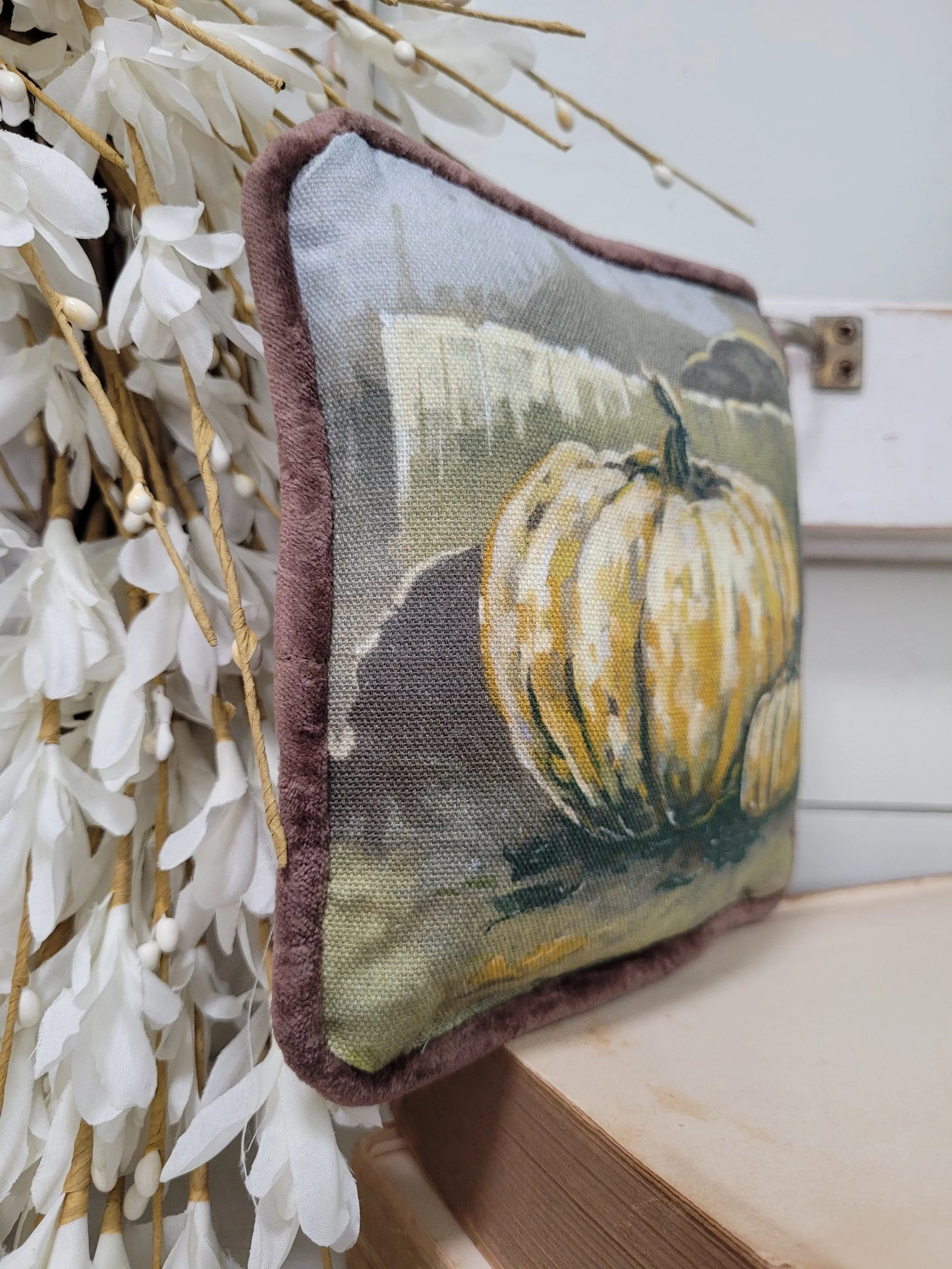 7" Pumpkin Pillow with brown velvet back