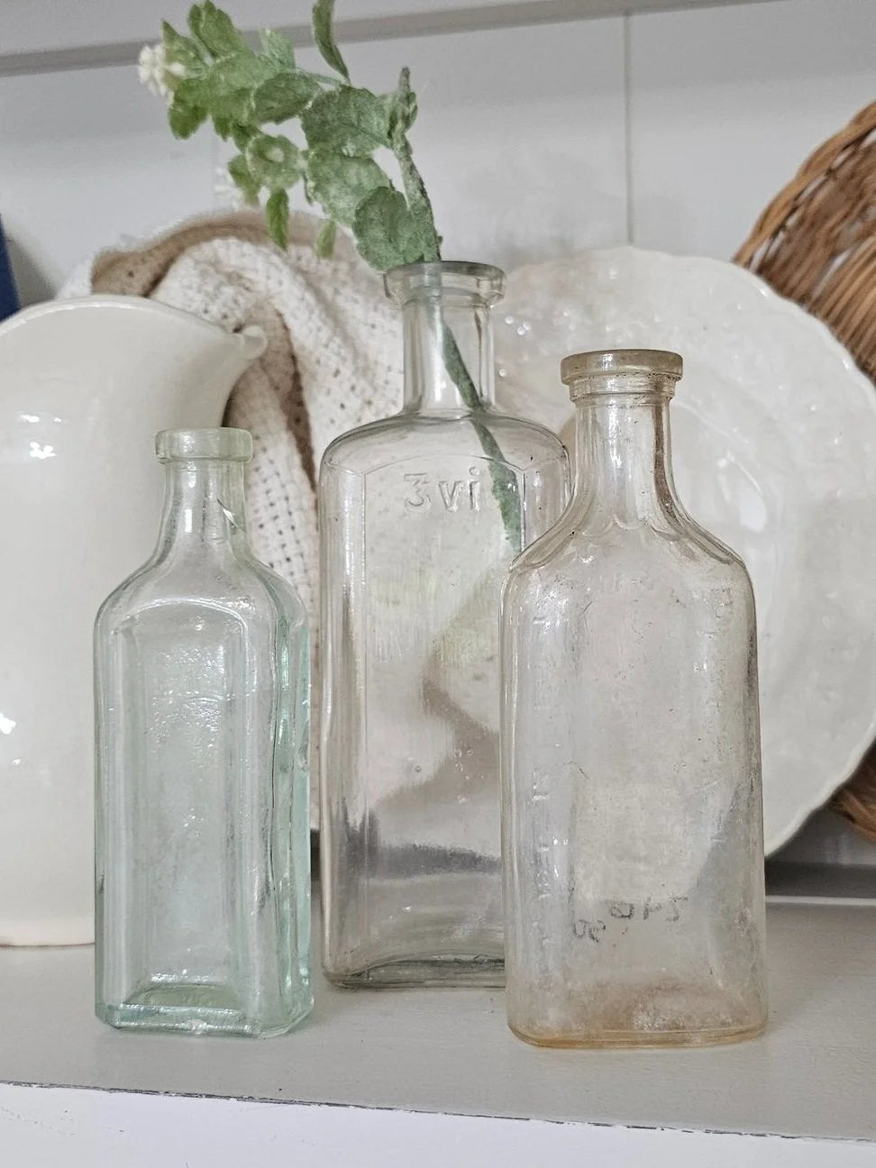 set of 3 vintage glass bottles