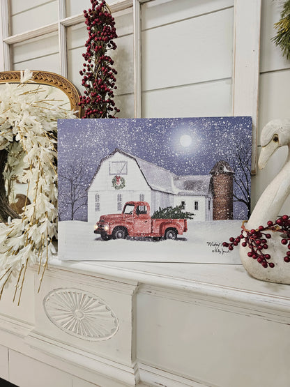 12 x 16 LED Canvas - wintry weather by Billy Jacobs - farmhouse red truck