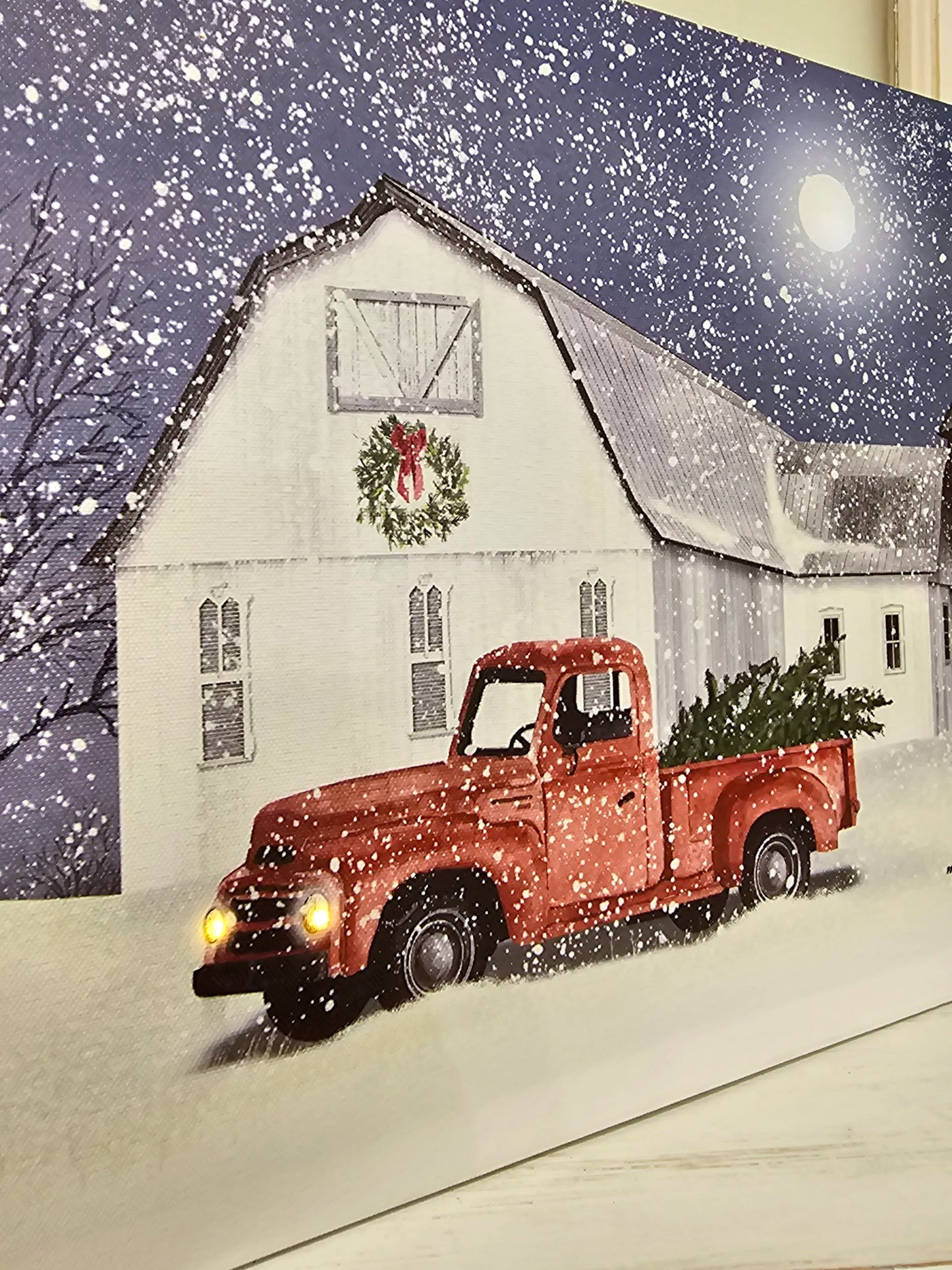 12 x 16 LED Canvas - wintry weather by Billy Jacobs - farmhouse red truck