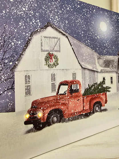 12 x 16 LED Canvas - wintry weather by Billy Jacobs - farmhouse red truck