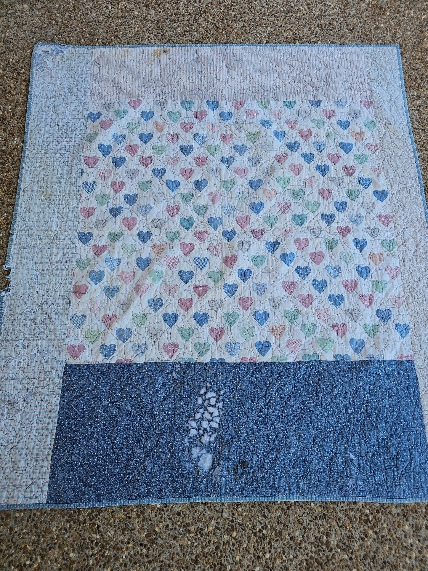 Handmade Double Sided Blue & Pink Quilt, approximately 56" x 39" - as is