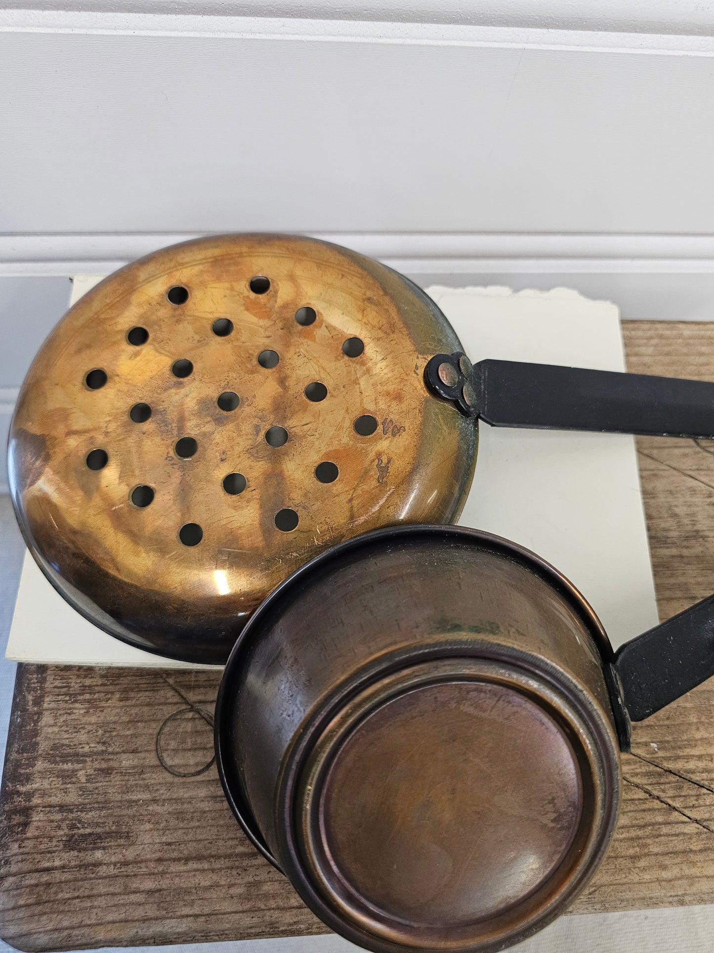 2 piece set copper ladle and strainer with black metal handles - large utensils