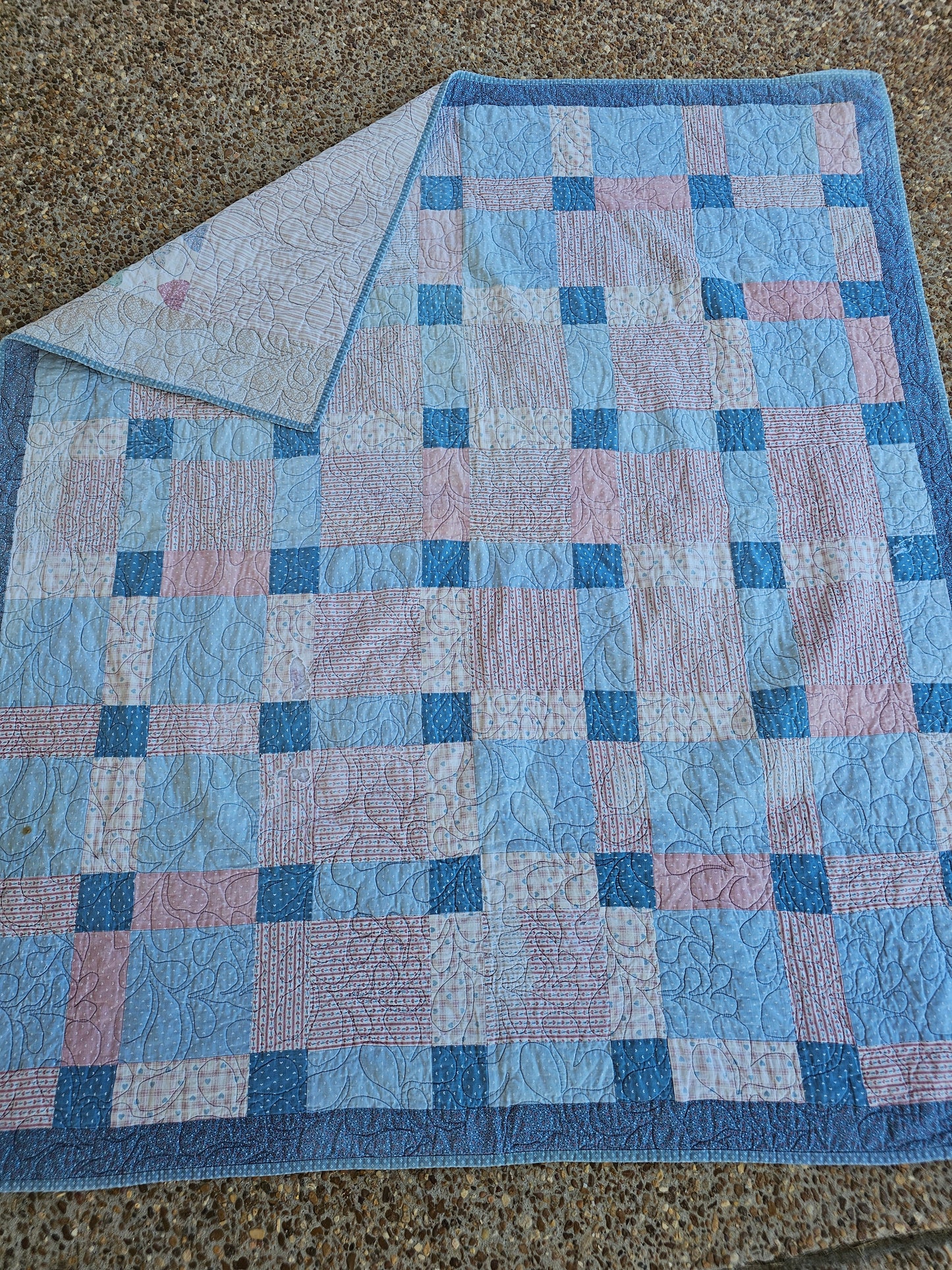 Handmade Double Sided Blue & Pink Quilt, approximately 56" x 39" - as is