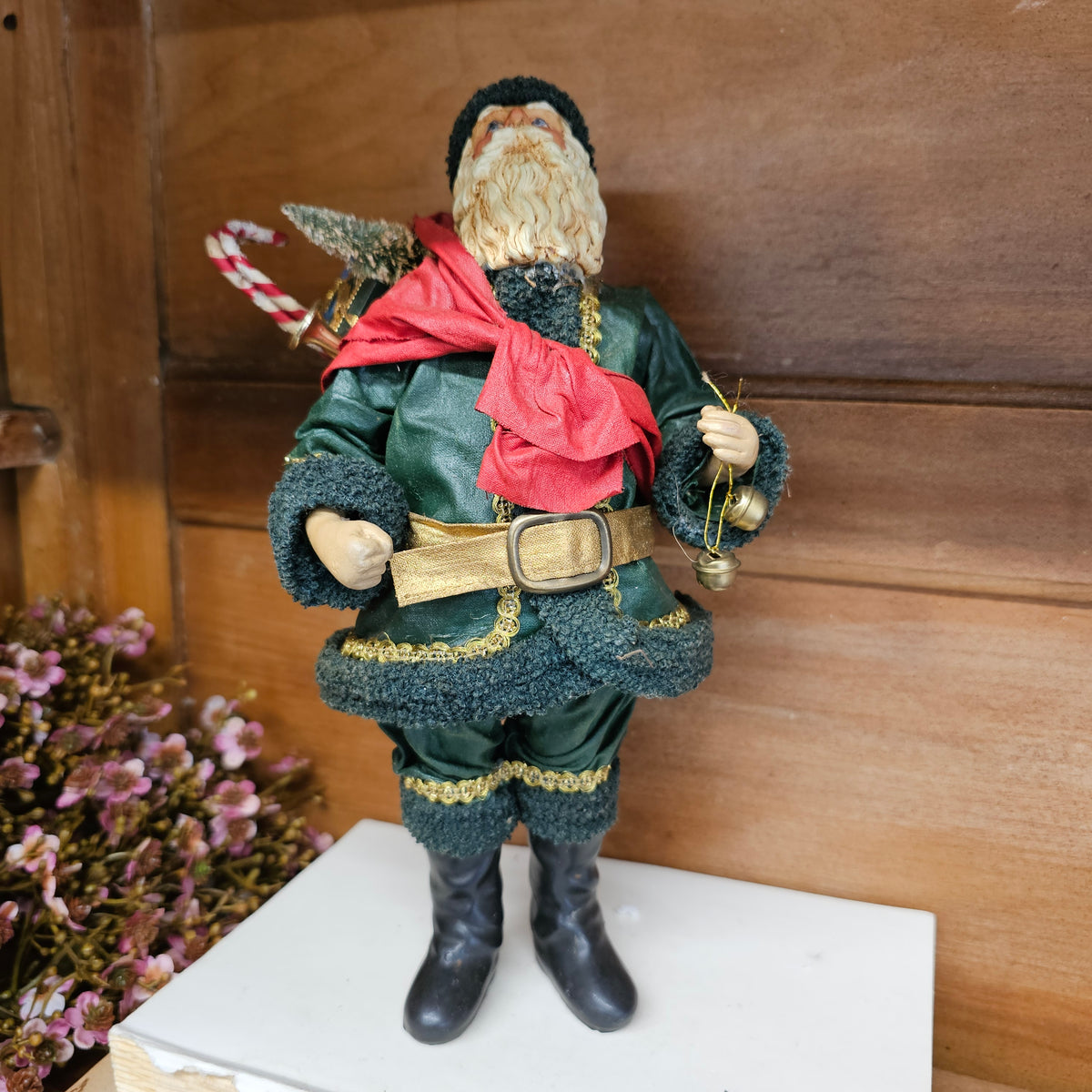 vintage paper mache Santa with Green suit and sack of toys 1987