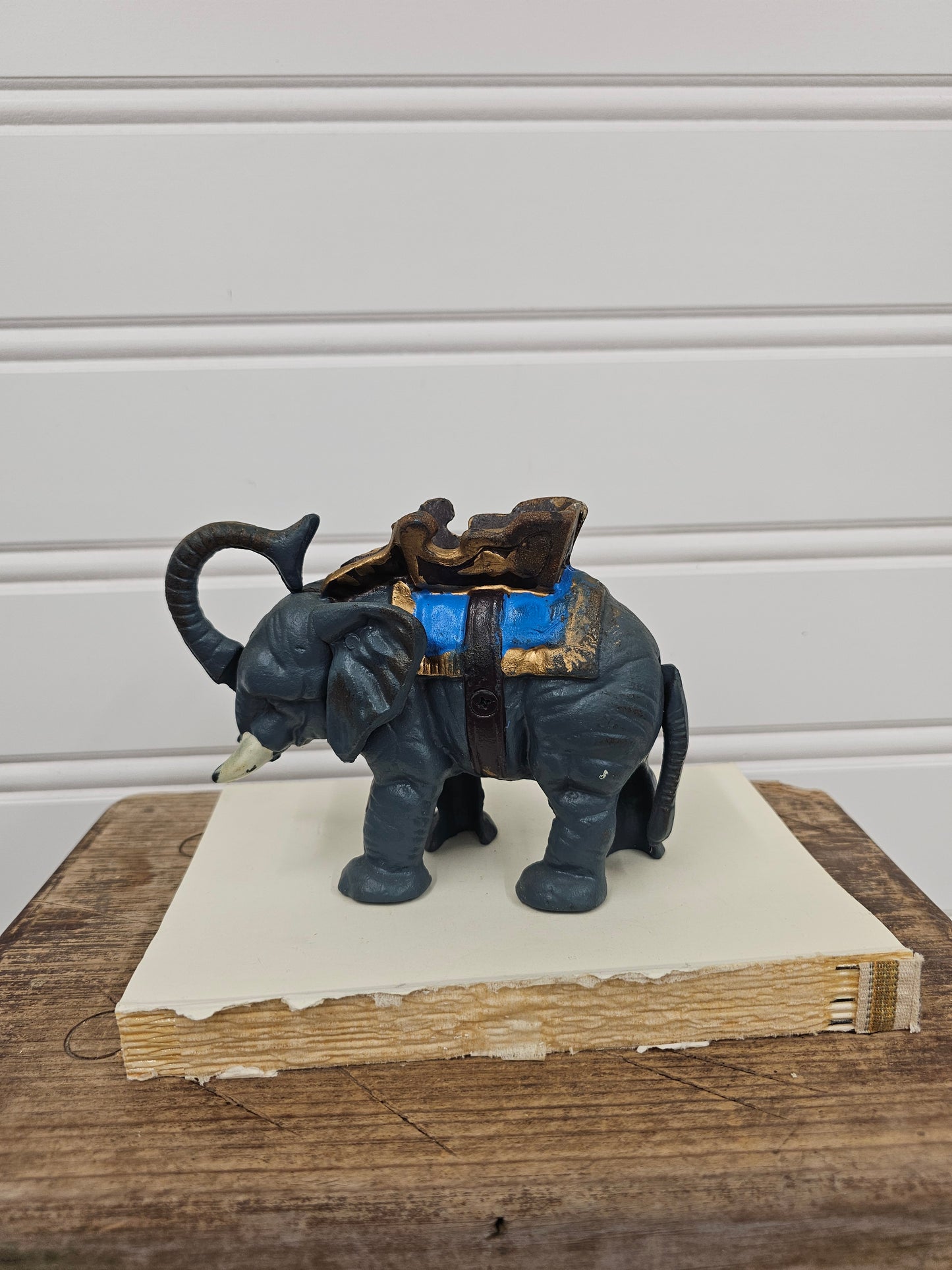 vintage cast iron metal mechanical coin bank - circus elephant