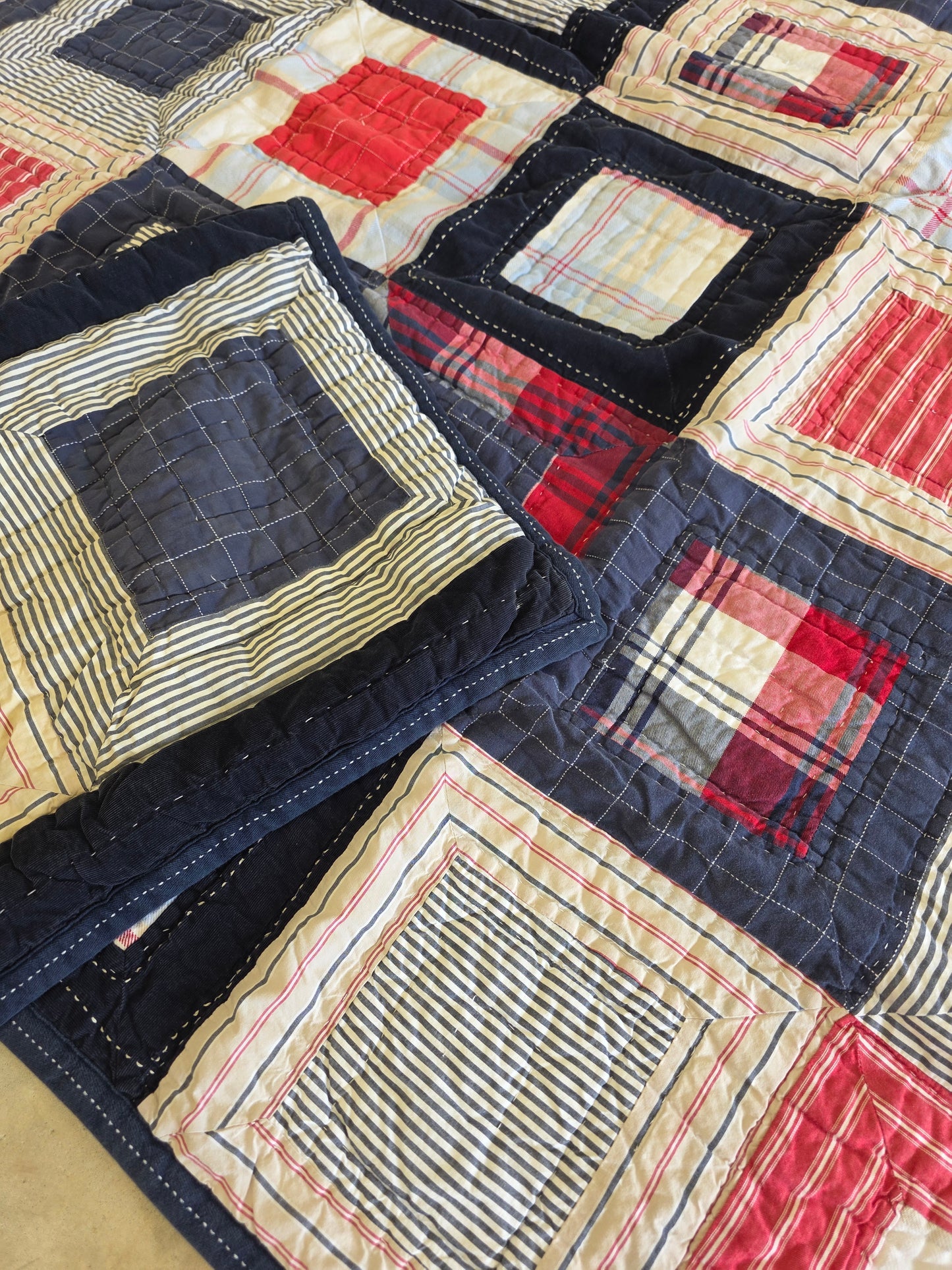 red white blue patchwork Pottery Barn quilt and sham 87" x66" twin size