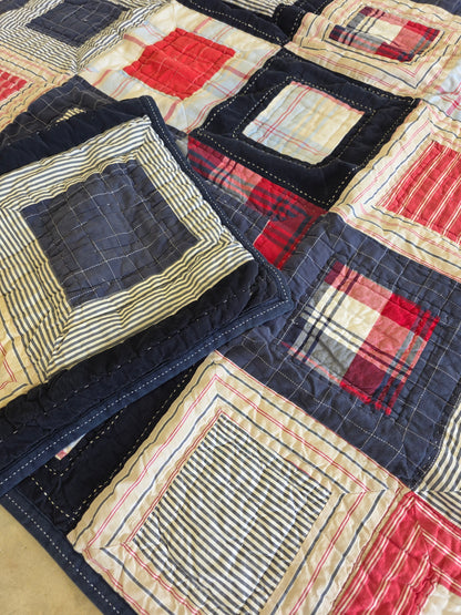 red white blue patchwork Pottery Barn quilt and sham 87" x66" twin size
