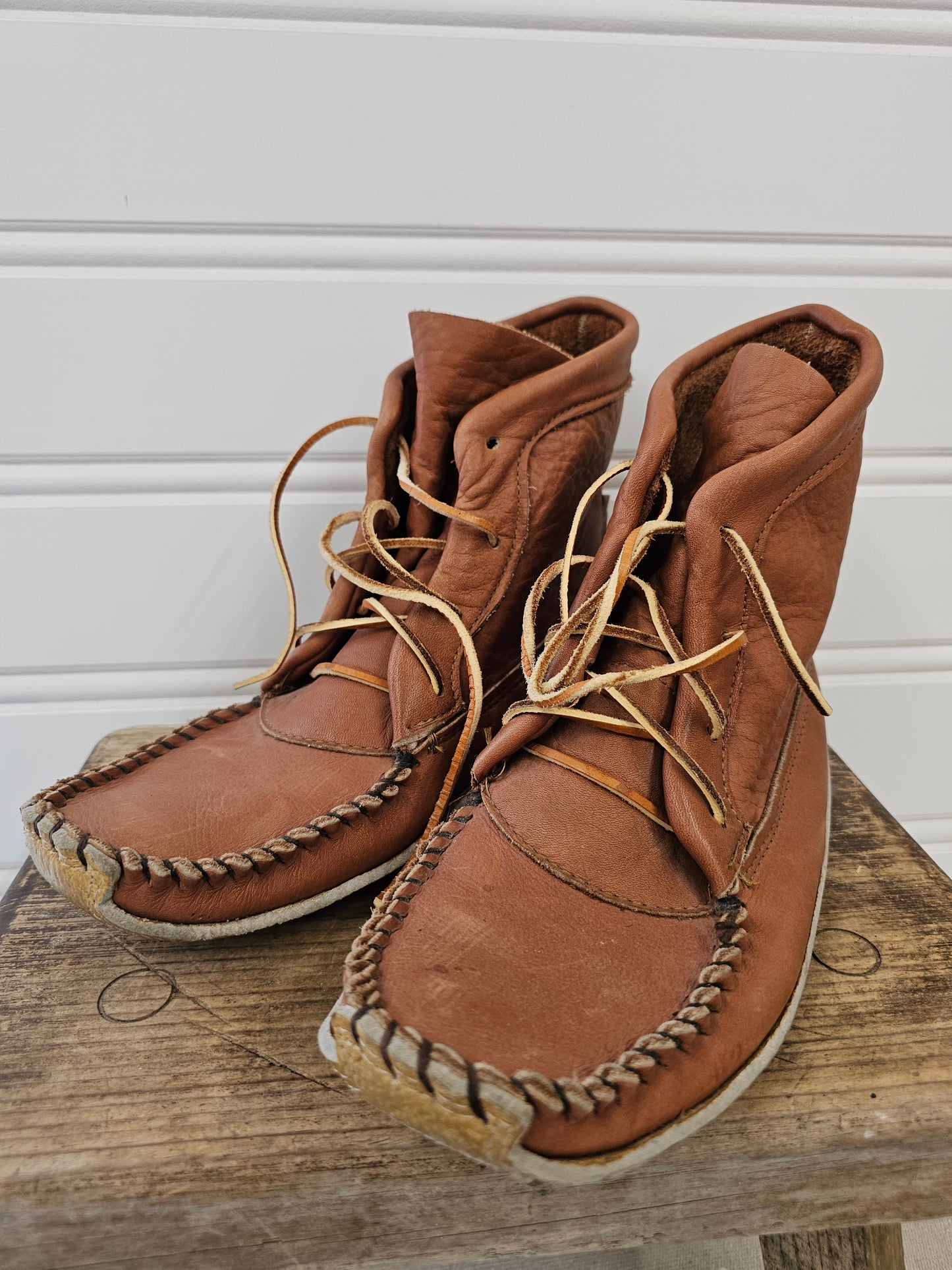 Men's Brown Leather handmade Moccasin Boots, Written 8 Inside