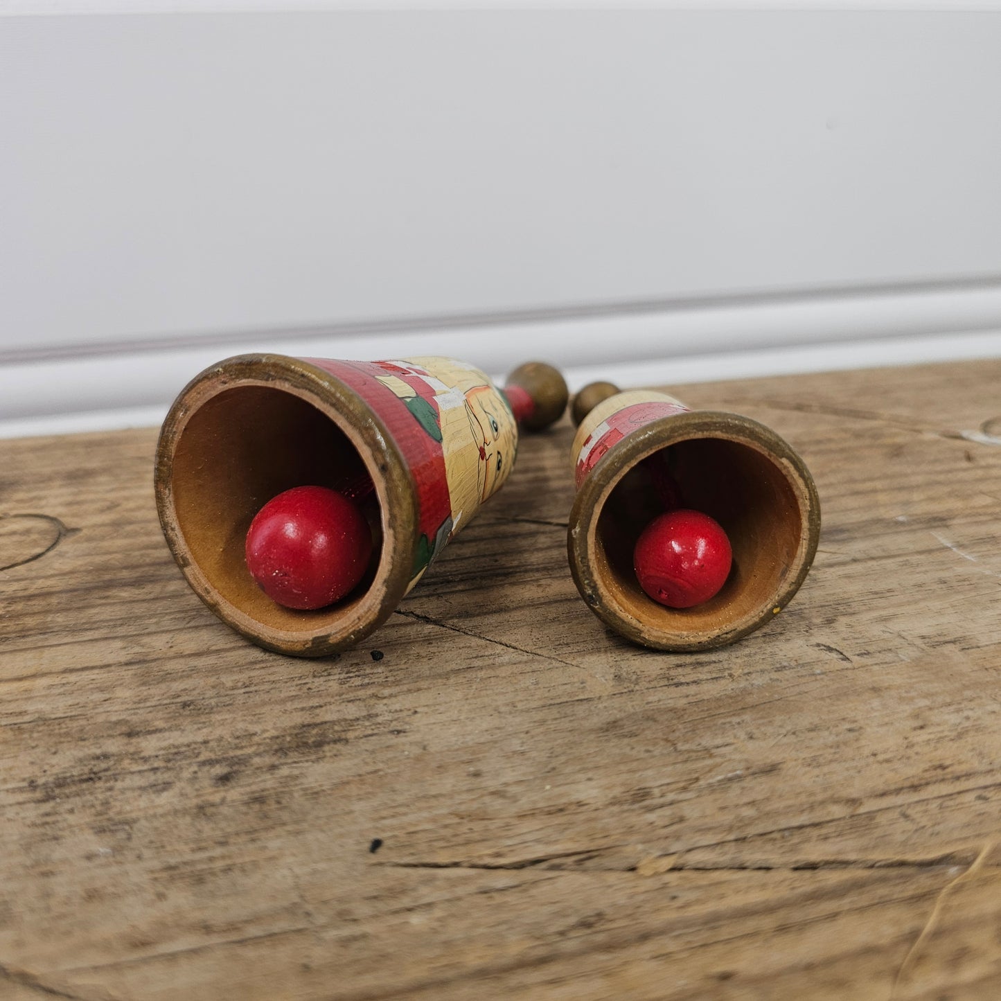 2 Vintage Wooden Santa Bells
