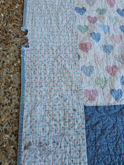 Handmade Double Sided Blue & Pink Quilt, approximately 56" x 39" - as is