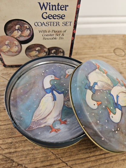 Winter Geese Coaster Set of 6 With Tin