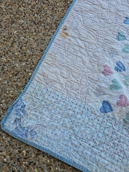 Handmade Double Sided Blue & Pink Quilt, approximately 56" x 39" - as is