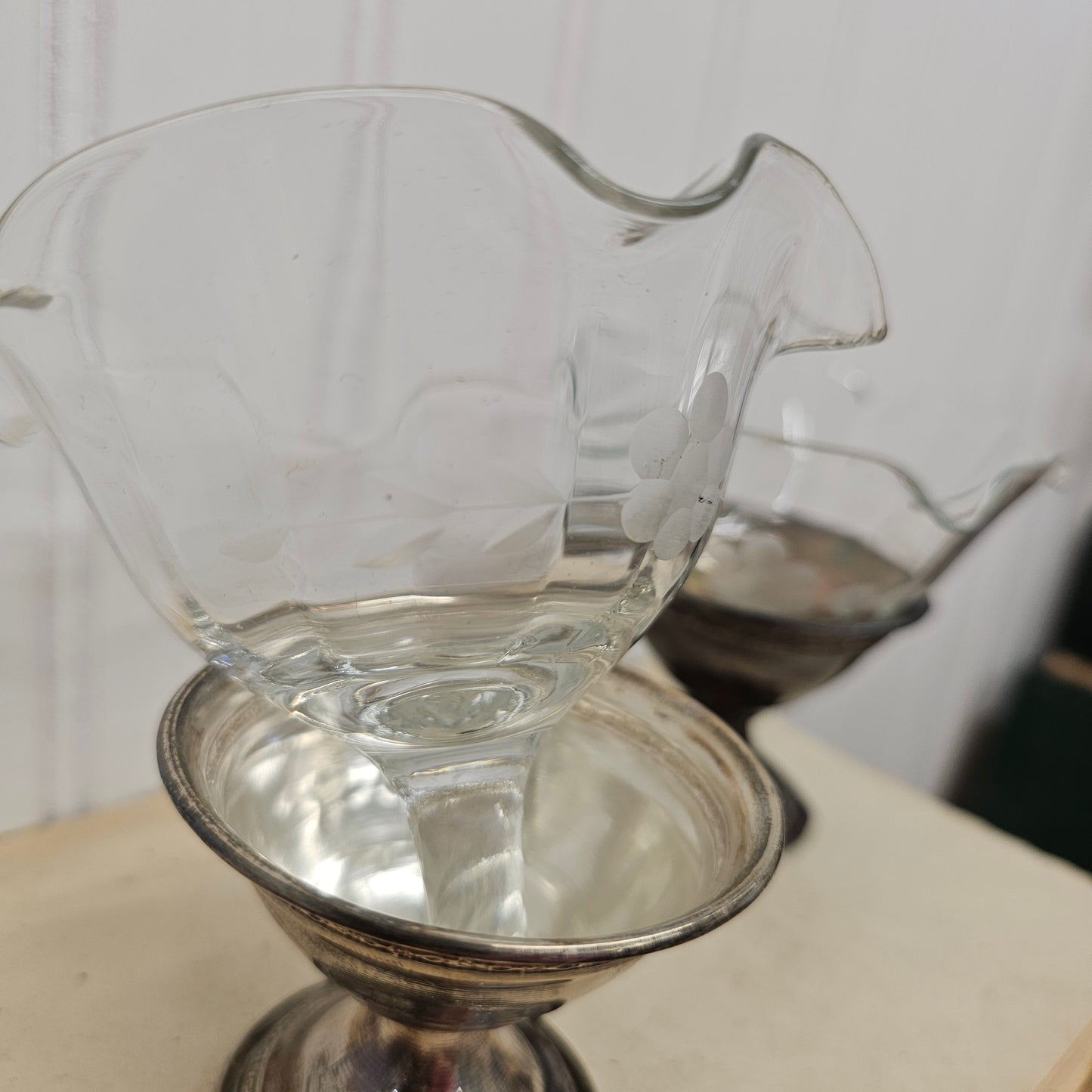 2 Ruffled edge sherbet cups with etched detail