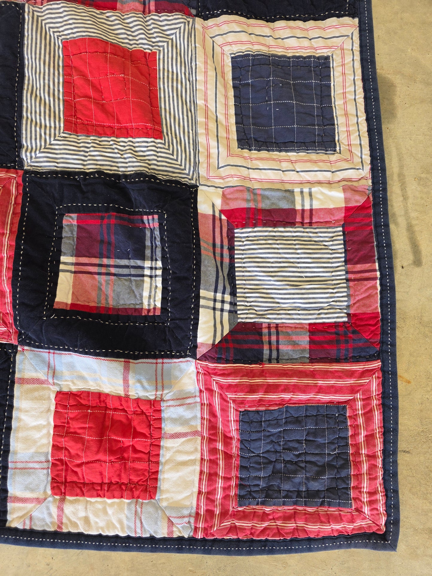 red white blue patchwork Pottery Barn quilt and sham 87" x66" twin size