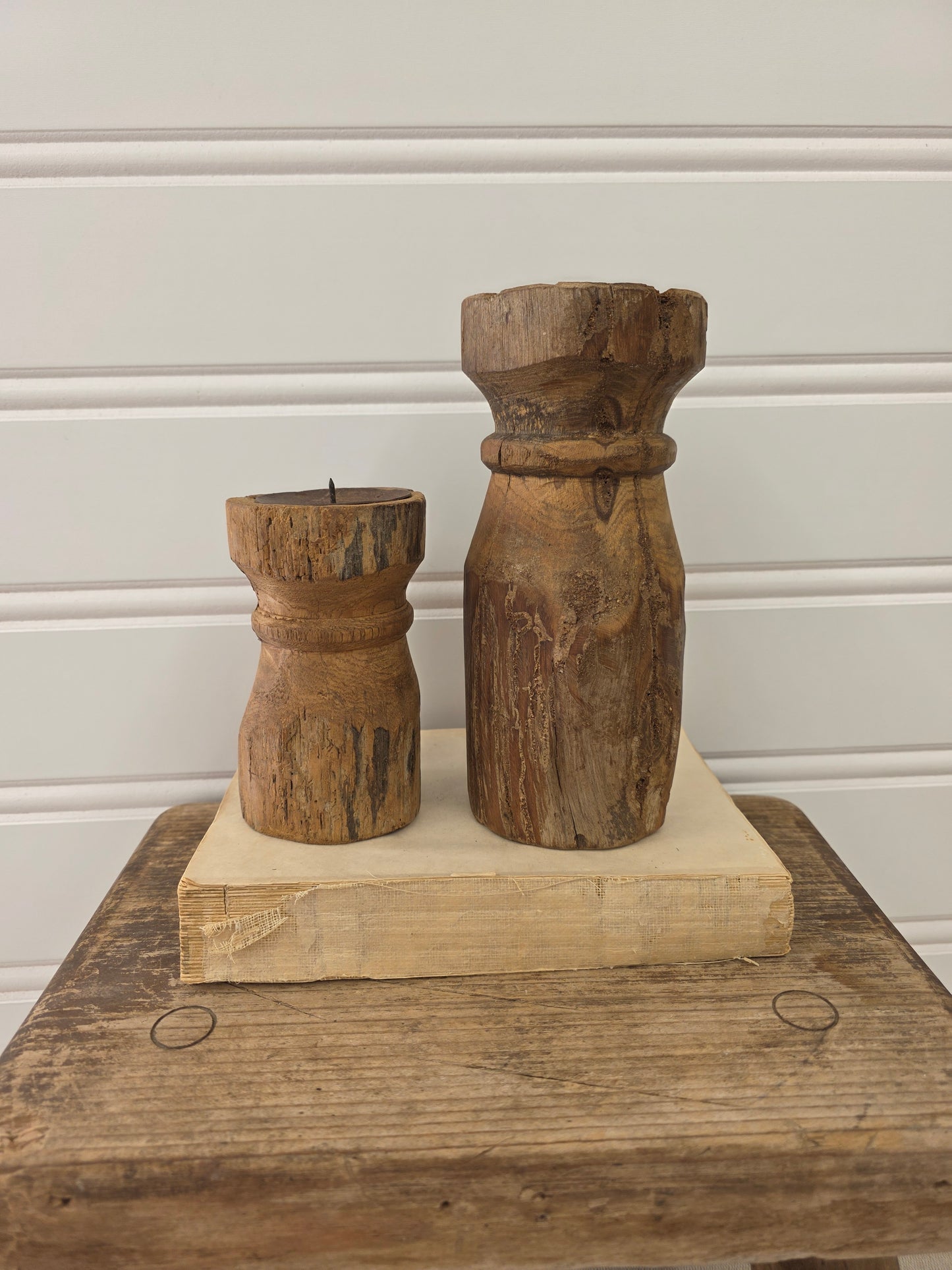 Primitive Wood Candle Holder Set 8" & 5"