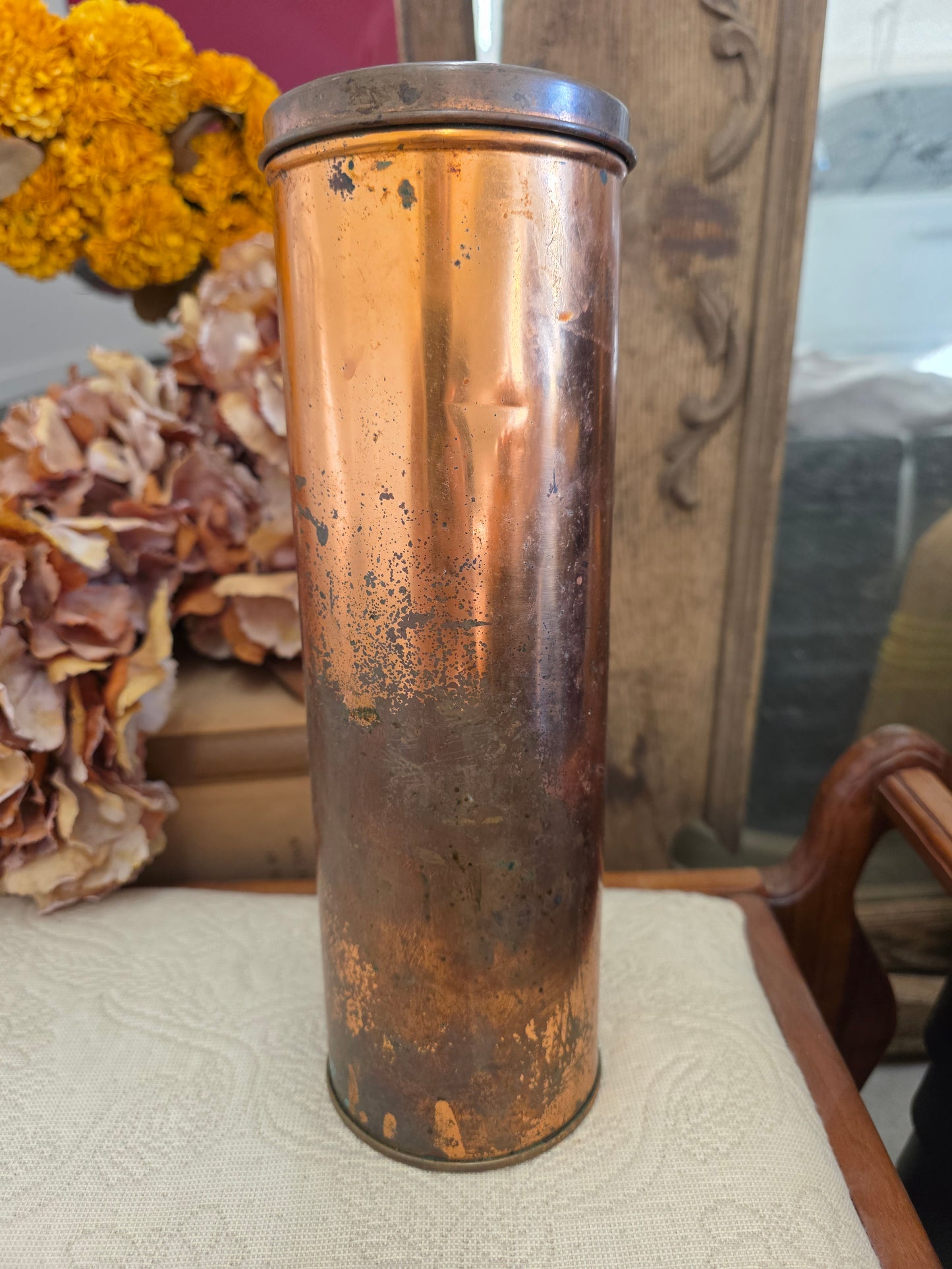 vintage copper colored pasta container