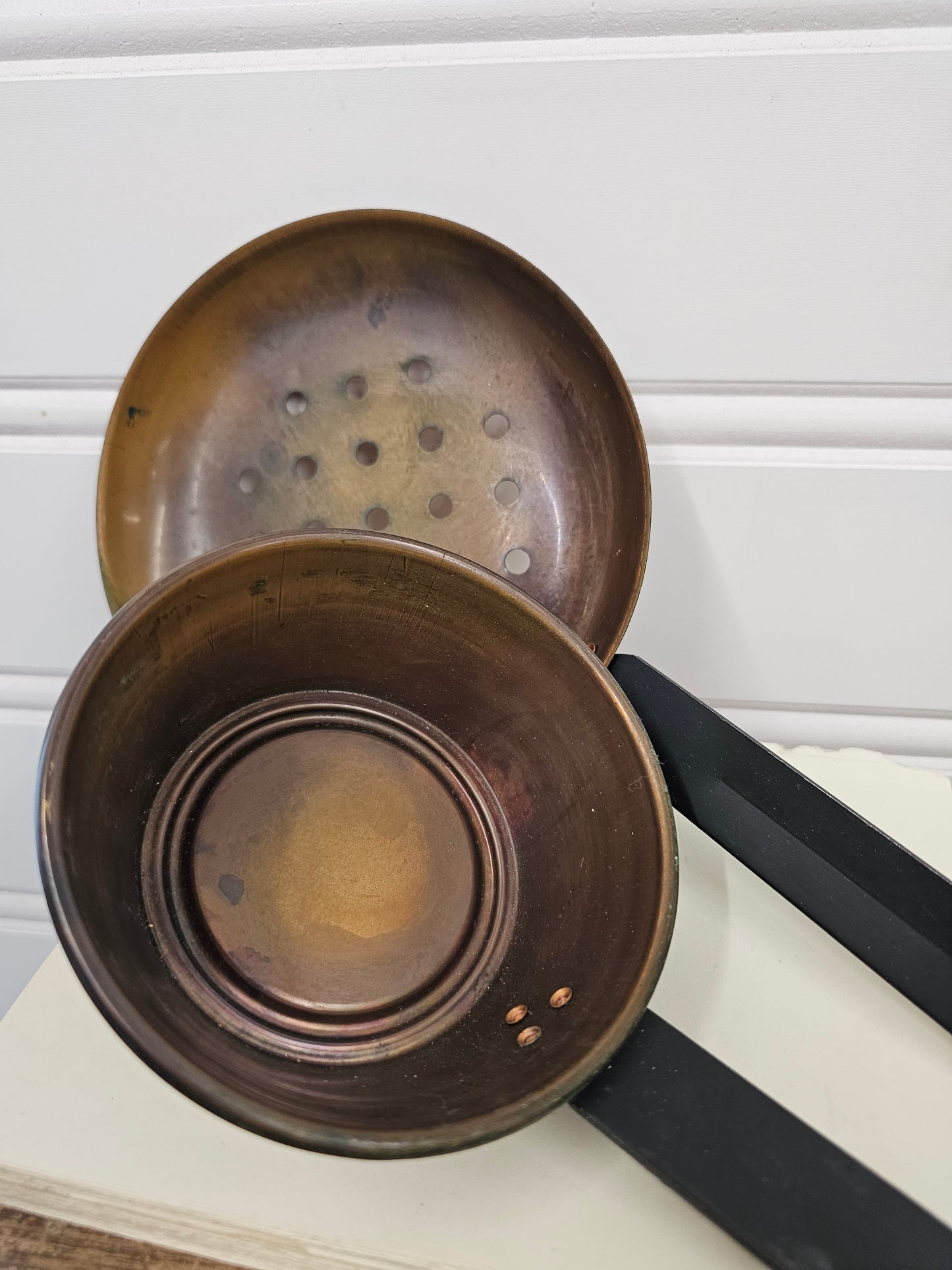 2 piece set copper ladle and strainer with black metal handles - large utensils