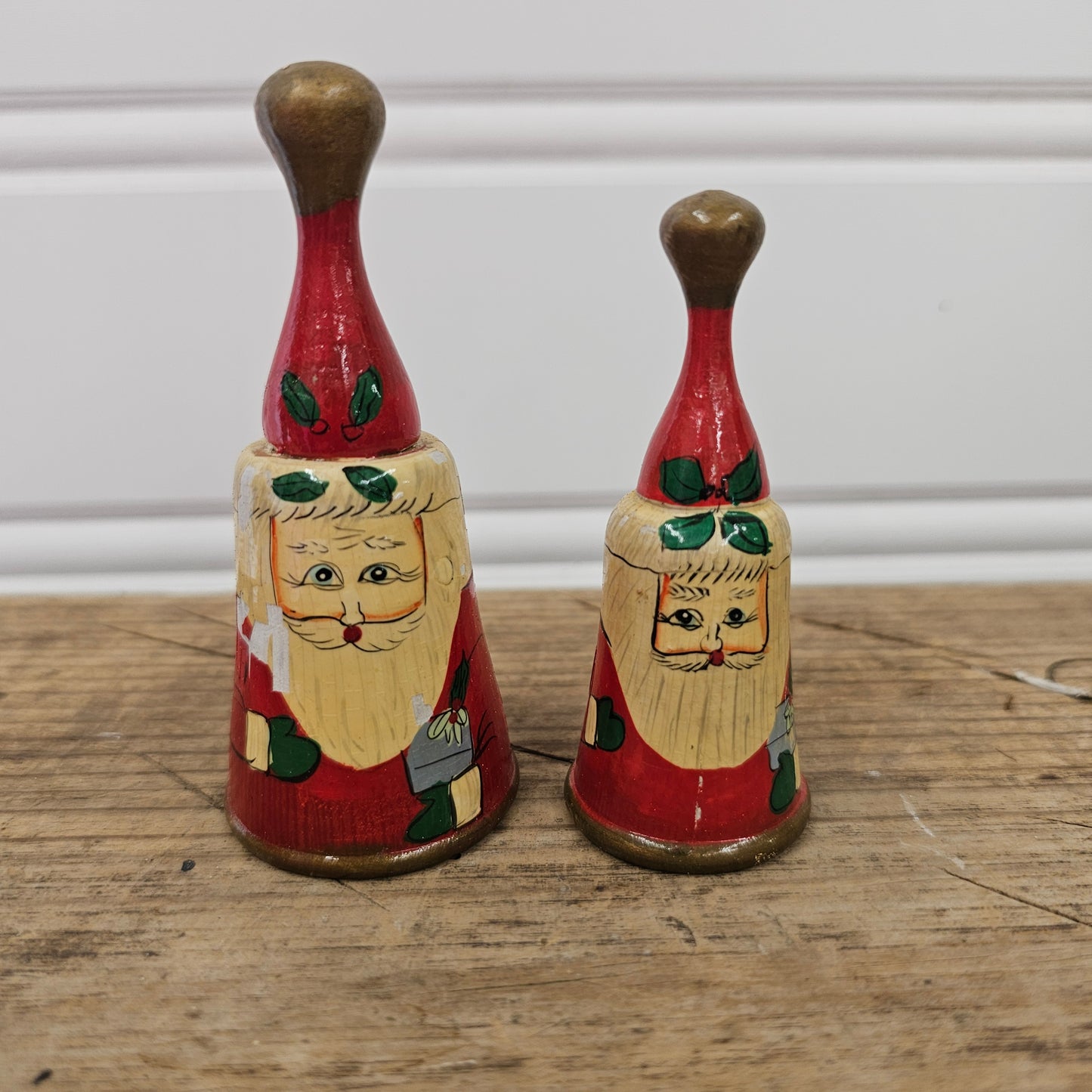 2 Vintage Wooden Santa Bells