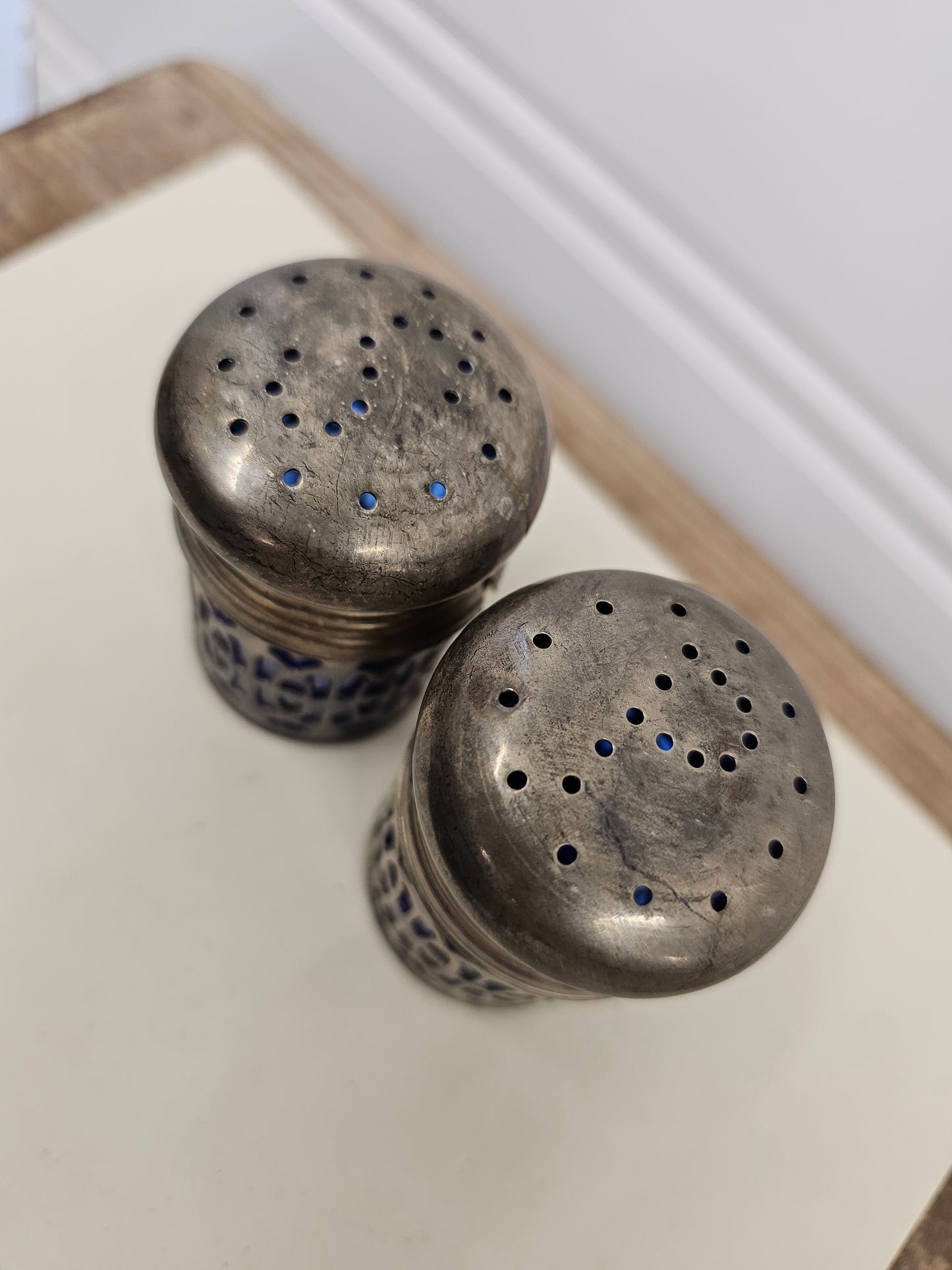 vintage cobalt blue and silver salt and pepper shakers