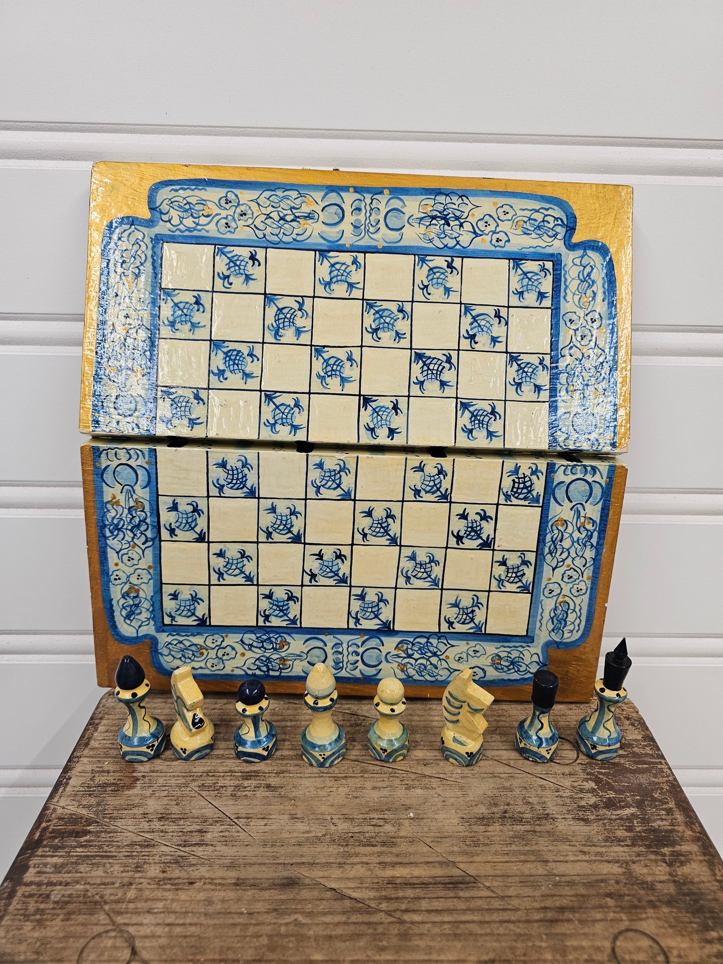 Hand painted wooden chess board and pieces
