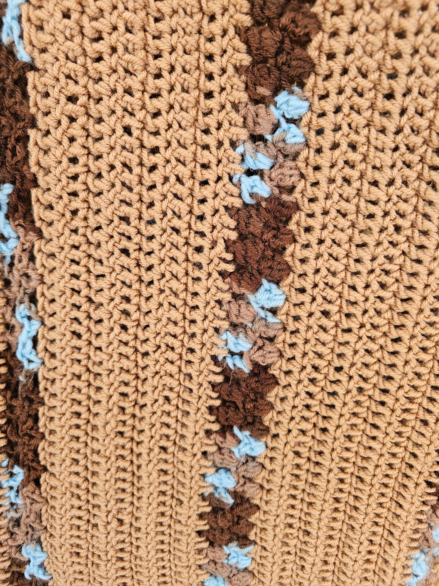 Brown & Blue Crocheted Afghan blanket, approximately 71" x 40"