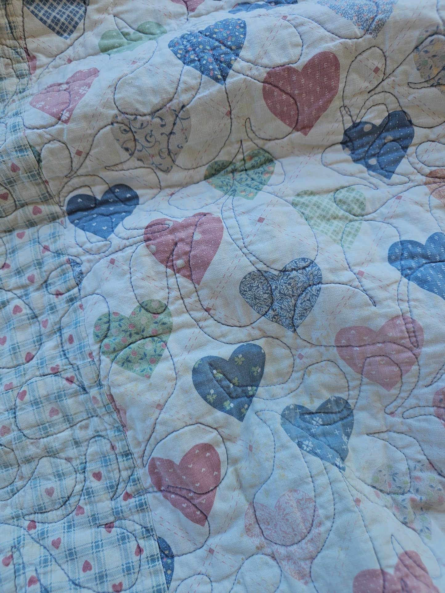 Handmade Double Sided Blue & Pink Quilt, approximately 56" x 39" - as is