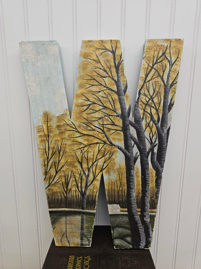 Metal and canvas W wall art, 17" x 13"