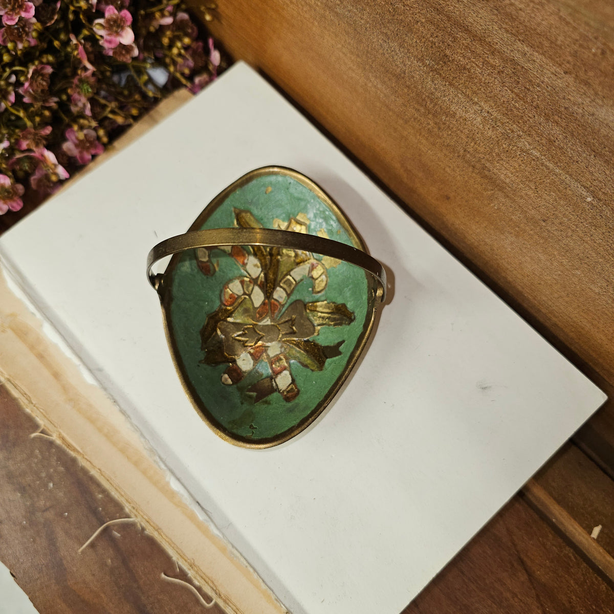 vintage brass & enamel green Christmas basket with handle