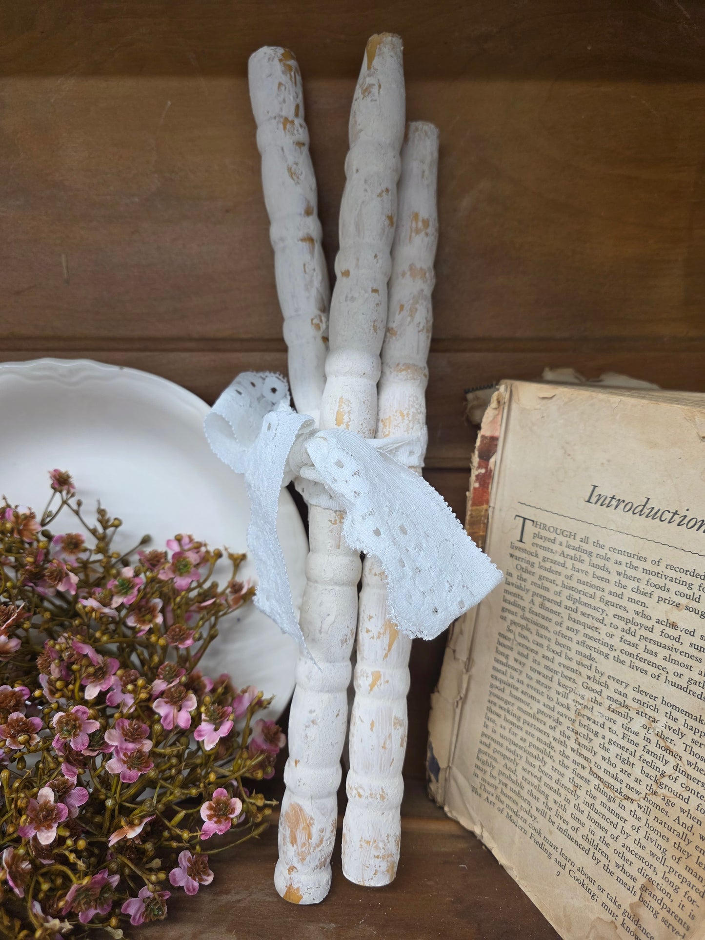 Set of 3 chippy white wood spindles
