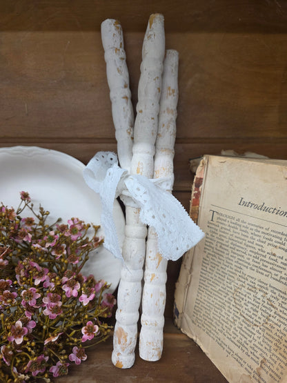 Set of 3 chippy white wood spindles