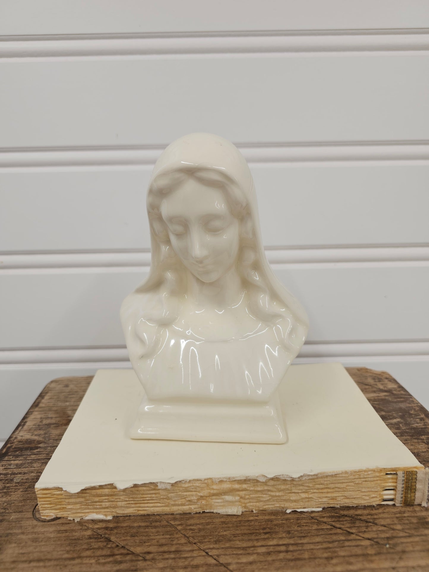 vintage Glossy white Mary bust statue - has some crazing