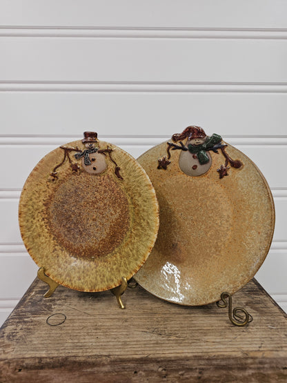 Set of 2 stoneware Christmas Snowman Plates