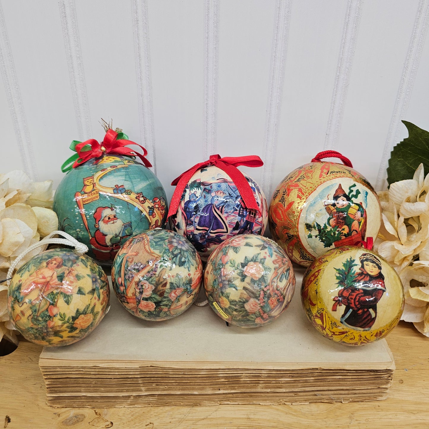 Set of 7 paper mache ornaments