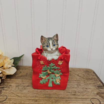 Ceramic cat in a bag music box, 1990 Lesley Anne Ivory, taiwan