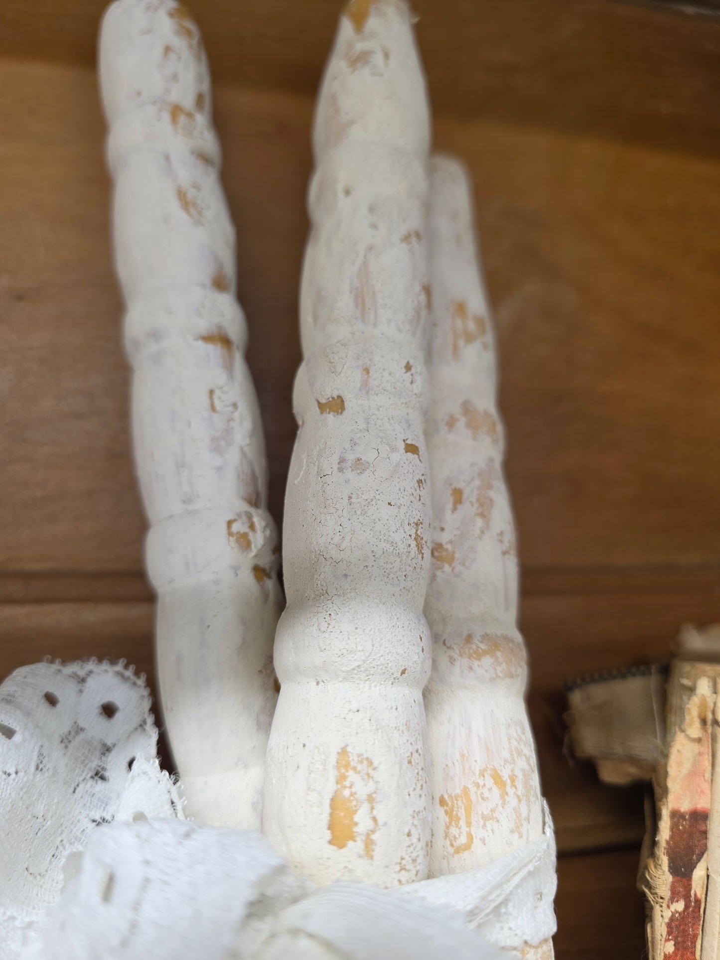 Set of 3 chippy white wood spindles