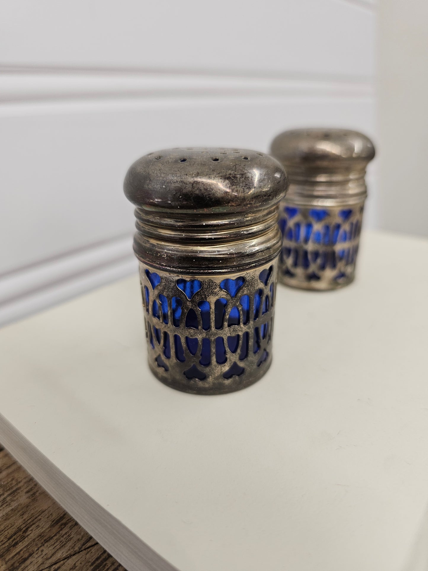 vintage cobalt blue and silver salt and pepper shakers