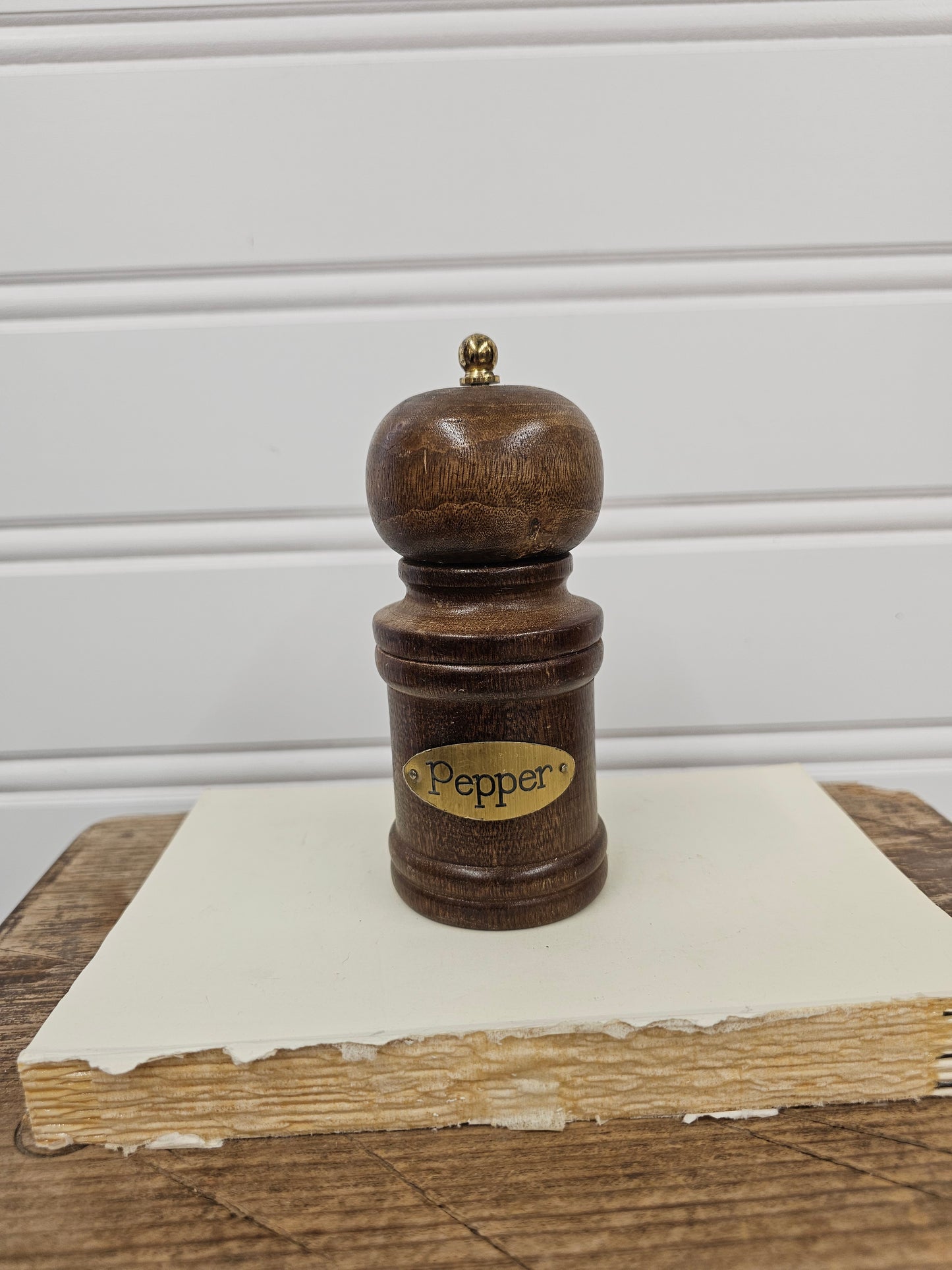 vintage wood and brass pepper grinder